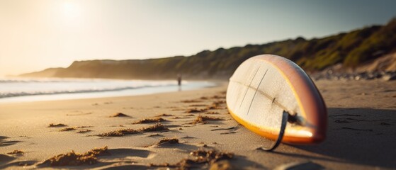 Surfboard on the beach at sunset, shallow depth of field. Surfboards on the beach. Vacation and Travel Concept with Copy Space.