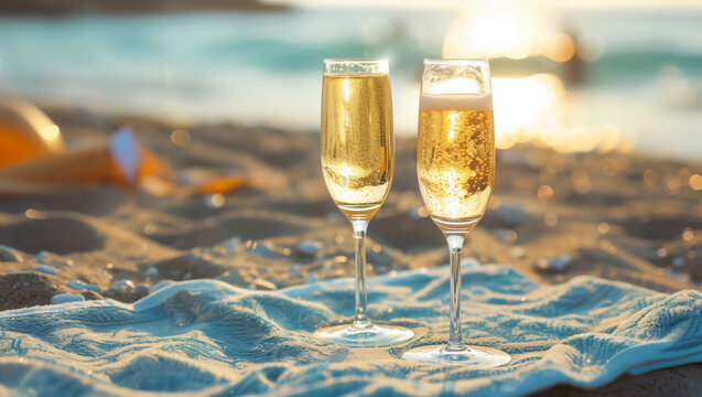 Two glasses of champagne on a cloth at the sandy beach with the sea in the background, reflecting the sun