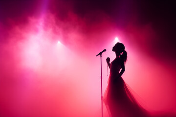 Silhouette of female Singer on Stage with Pink Lights
