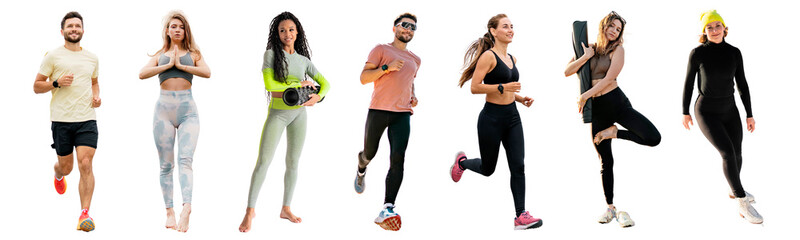 Group of people in workout gear engaging in different fitness activities, showcasing a healthy, active lifestyle. Diverse group of active people running, practicing yoga, and working out. 