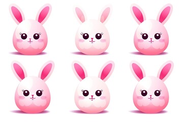 Obraz na płótnie Canvas Assorted pink Cartoon easter eggs Bunny Faces with Expressive Emotions, Perfect for Children's Content and Easter Graphics isolated on white background.