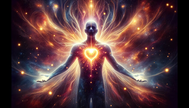A cosmic silhouette of a human with a heart-shaped light at the chest, surrounded by a nebula and stars, symbolizing spirituality and the universe.Spirituality concept.AI generated.