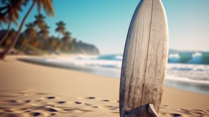 Surfboard on the beach with palm trees and sand in the background. Surfboards on the beach....
