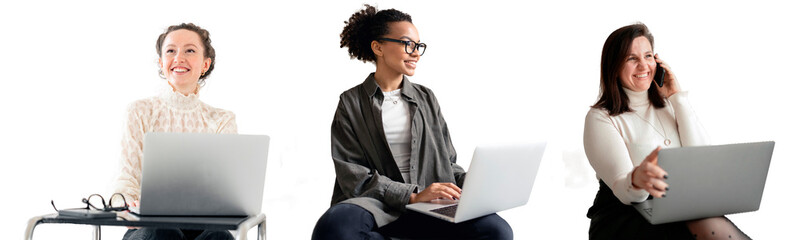 Three professional women smiling and working on laptops, exuding confidence and productivity....