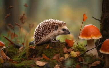 hedgehog in the forest, a mushroom next to it, photo 