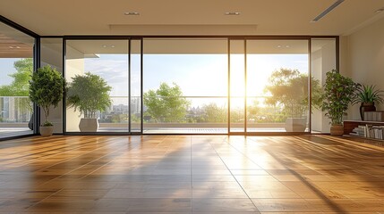 Bright interior with sunlight shining on elegant wooden flooring