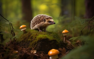 hedgehog in the forest, a mushroom next to it, photo 