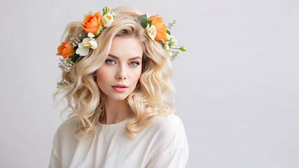 Young blonde woman with hairstyle of spring flowers in her hair on white solid background banner with copy space. Feminine beauty portrait, makeup, hairstyle, stylist, feminine energy. 