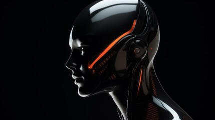Portrait of the female robot in a black helmet. The person in a profile close up on a black background. New modern technologies