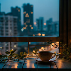 cup of coffee,  view of the city at night from the balcony