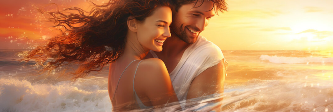 smiling couple in a romantic moment on the beach