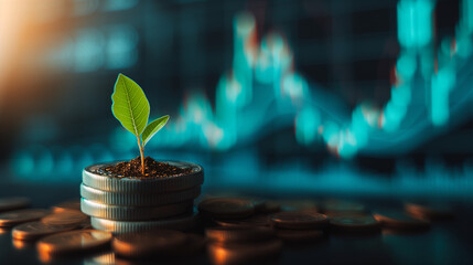 Stack of coins with plant sprout growing from it. With stock market price chart as background. Effect of saving and investing on growing returns in the financial market.  - obrazy, fototapety, plakaty