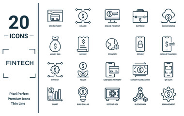 fintech linear icon set. includes thin line web payment, money bag, fintech, chart, management, economy, qr scan icons for report, presentation, diagram, web design - obrazy, fototapety, plakaty