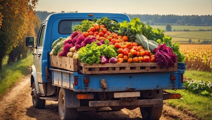 Old truck with an autumn harvest of vegetables and herbs on a plantation - a harvest festival, a roadside market selling natural eco-friendly farm products - obrazy, fototapety, plakaty