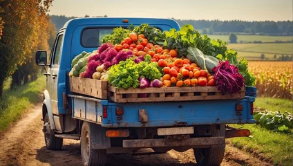 Gordijnen Old truck with an autumn harvest of vegetables and herbs on a plantation - a harvest festival, a roadside market selling natural eco-friendly farm products © Ольга Симонова
