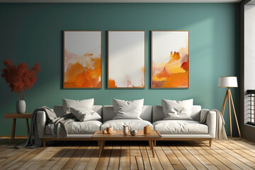 Fototapeta na wymiar An inviting and cozy interior living room mockup with solid colorful elements and a blank empty frame, providing a warm and visually striking backdrop for your copy.
