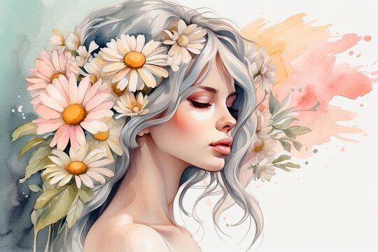 The watercolor silhouette of woman with delicate daisies flowers in her hair is spring and summer portrait. Freedom, femininity, wedding, makeup, stylist, Barber, bride.