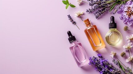 Elegant flat lay of body oils and perfume bottles with lavender sprigs on a pastel background,...