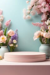 Podium for demonstration and montage of product with delicate floral spring decor. Spring time background, blooming, birthday, March 8, Easter, women's day, wedding. Copy space. 