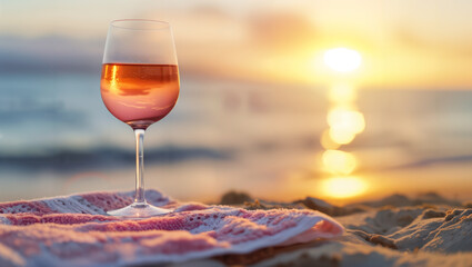 A glass of rosé wine on a cloth at the sandy beach during sunset, with the sun disappearing on the horizon, casting its reflection on the sea.