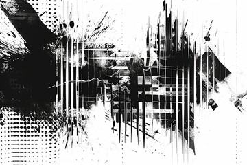 Dynamic Grunge Canvas: Experience the dynamic interplay of glitched shapes and textures on a vector overlay background, enhanced with a screen print texture in timeless black and white - obrazy, fototapety, plakaty
