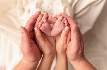 Children's feet in the arms of their parents. On a white background.