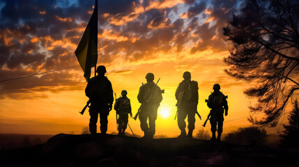 Silhouette of Ukrainian military against a sunset backdrop, proudly displaying the flag of Ukraine. A powerful image symbolizing strength and national pride.