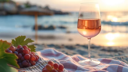 Fotobehang A glass of rosé wine on a cloth at the sandy beach with the sea in the background, reflecting the sun © Erich