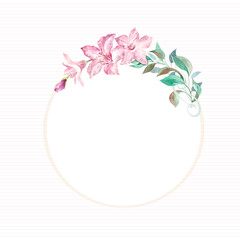 design element for greeting card with flowers in circle on white backdrop, birthday female, women's day, mother's day, wedding invitation,