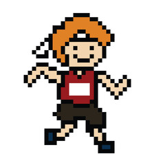 Cute pixel cartoon 8bit character man run or running lifestyle vector for decoration life style 8 bit male boy marathon with bib exercise vector.