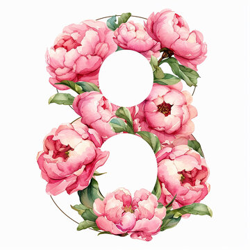 number 8 with pink pions watercolor on white background