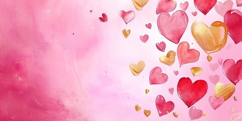 Floating Pink and Gold Hearts on a Soft Pink Backdrop, watercolor style, for Love Themed Events, Valentines, Birthday Greetings