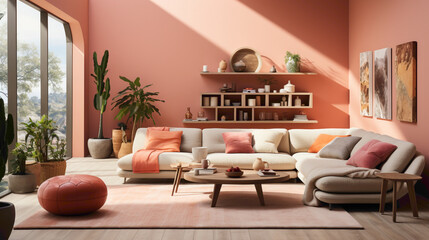 A cozy Japandi-style living room featuring a curved sofa, ottoman, and armchair arranged against a vibrant coral wall. Soft natural light fills the space, creating a serene atmosphere.