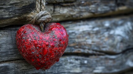 A red heart hanging from a rope on the side of an old wooden building, AI