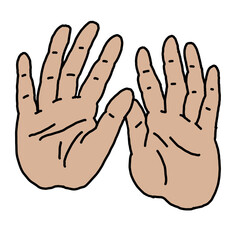 Open hands to care about important things. Background to show, offer and hold product. Magic palmistry prediction by two palms. Hand drawn retro vintage illustration. Old style tattoo line drawing.