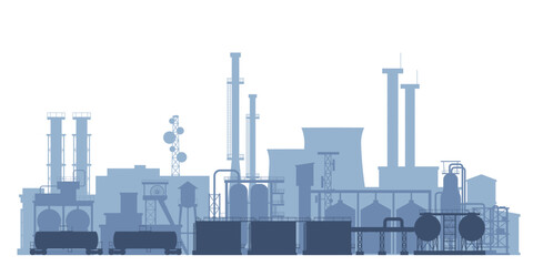 Factory silhouettes landscape. Gas, fuel or oil production. Cisterns and pipes, giant industrial complex. Isolated flat factories, recent vector banner - obrazy, fototapety, plakaty