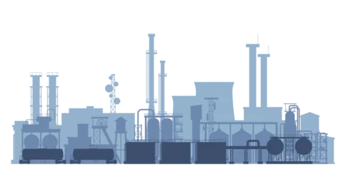 Foto op Canvas Factory silhouettes landscape. Gas, fuel or oil production. Cisterns and pipes, giant industrial complex. Isolated flat factories, recent vector banner © LadadikArt