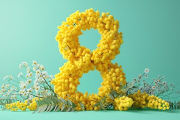 Obraz premium 8 March Greeting Card: Number eight Crafted from Bright Mimosa Flowers for Womens Day Celebration, blue background.