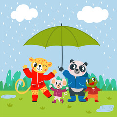 Obraz na płótnie Canvas Animals at spring rain. Cute panda, leopard, mouse and frog stand together under giant umbrella. Funny friends, classy friendship vector concept