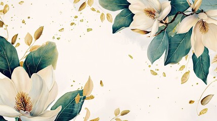 Watercolor frame from magnolia with gold leafs on white background. - obrazy, fototapety, plakaty