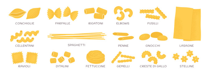 Various italian pasta types. Cartoon noodles different, lasagne, spaghetti and penne. Traditional cuisine italy, racy vector homemade products