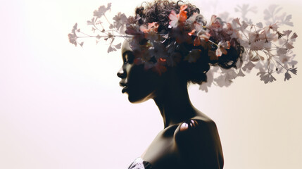 Black Young Woman, flowers in head, concept of mental health, double exposure