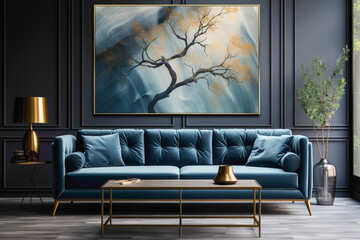 Immerse yourself in the serenity of a living space featuring a soft color dark blue sofa and a chic table, framed against an empty backdrop for your personalized text.