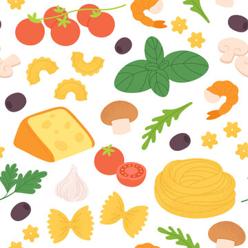 Italian pasta pattern. Fresh raw ingredients, food for prepare noodle or pizza. Cheese and vegetables, green and olive. Racy fabric print vector template