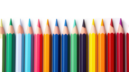 Colored pencils laying in row isolated on white or transparent background