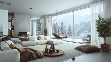 Fototapeta premium A stunning apartment interior features a grand window framing an enchanting mountain view, providing a peaceful and scenic backdrop.