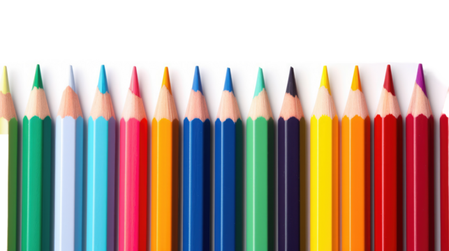 Colored pencils laying in row isolated on white or transparent background