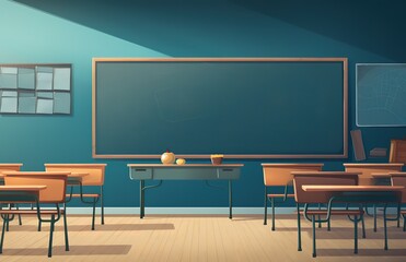 classroom with desks and desks and a blackboard on a blue background