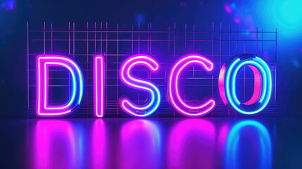 Vibrant purple neon DISCO sign in retro 90s style glowing maximalist background