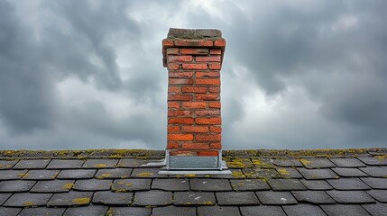 Stark contrast of a traditional red brick chimney against a dramatic stormy sky